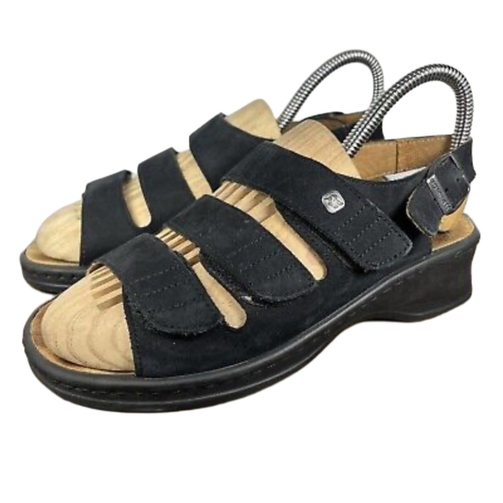 Romika Black Leather Comfort Sandals EU 40 US 9 Adjustable Velcro Wedge